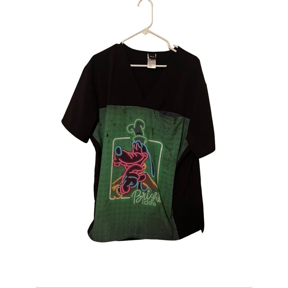 Disney Tooniforms Mens Black Green V-Neck Goofy Bright Idea Medical Scrub Top XL